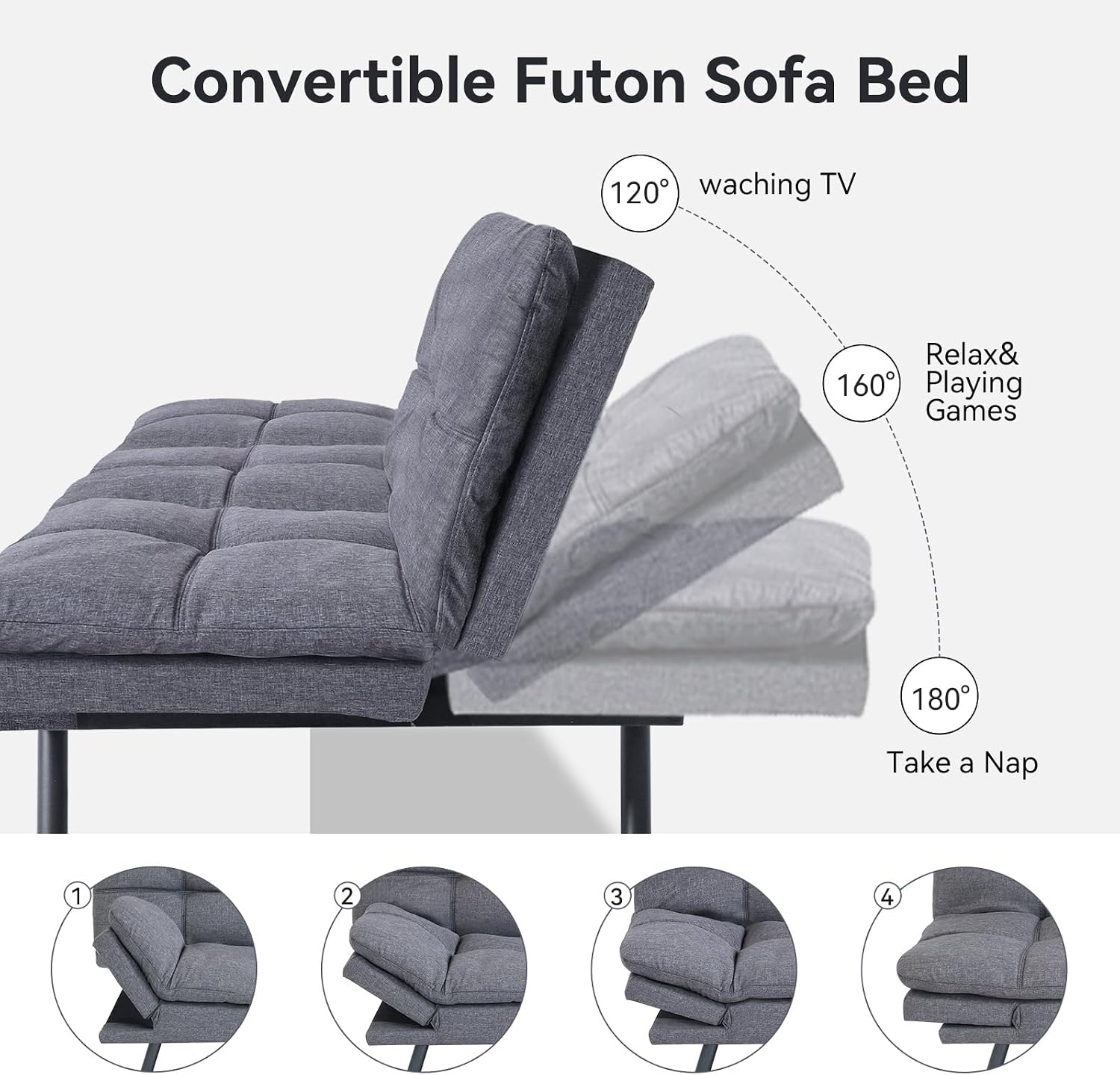 Hcore Modern Convertible Futon Sofa Bed, Memory Foam, Dark Grey, 71"L x 31.5"W x 33"H (Sofa), 71"L x 42"W x 16"H (Bed)
