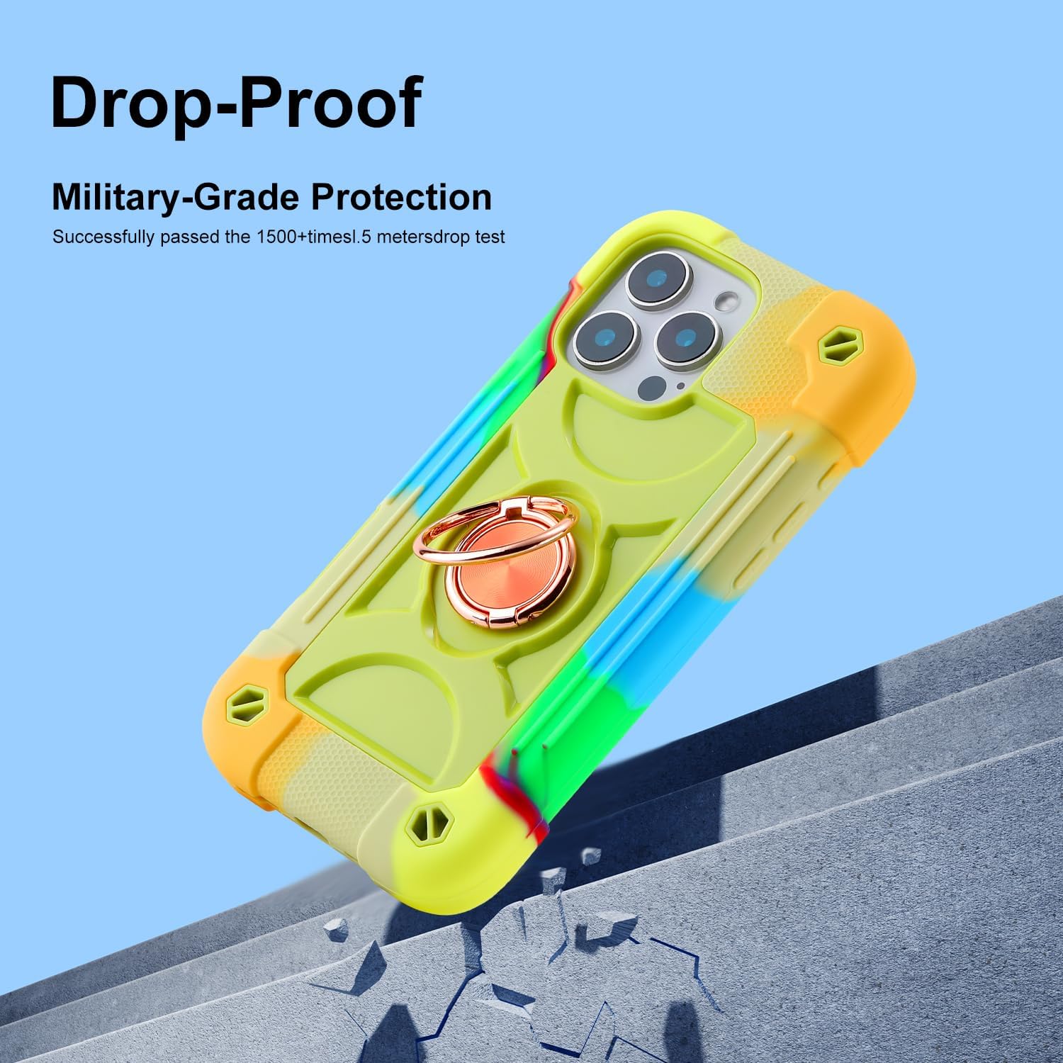 for iPhone 16 Pro 6.3 inch Case - Heavy Duty Shock Resistant Military Grade Rugged Case with Ring Stand, Glass Screen Protector and Camera Lens Protector (Rainbow Green)
