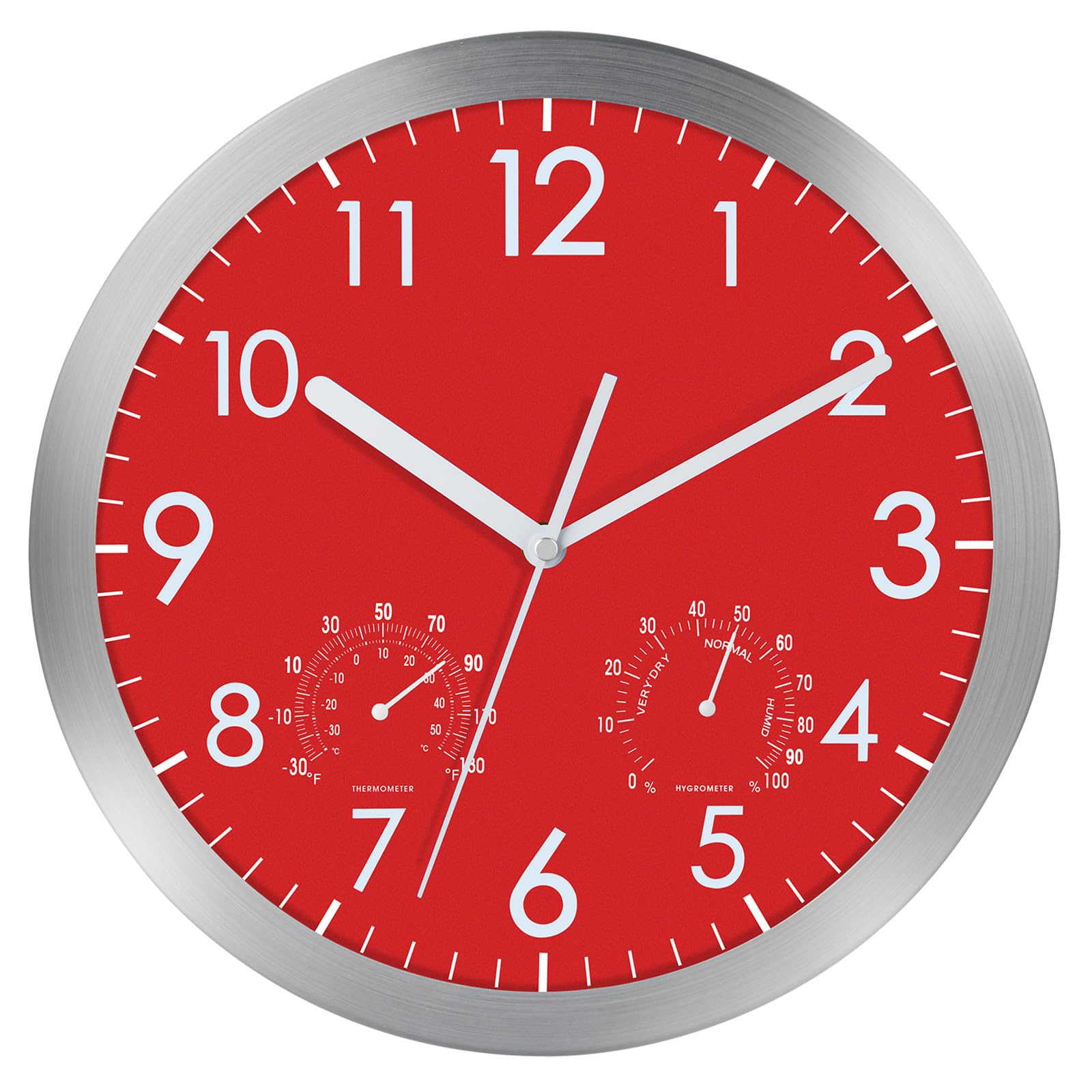 WOOPHEN 12“ Silent Wall Clock, Battery Operated Non Ticking Glass Cover Silver Aluminum Frame Wall Clocks for Office, Home, Bathroom, Kitchen, Bedroom, School, Living Room(Red)