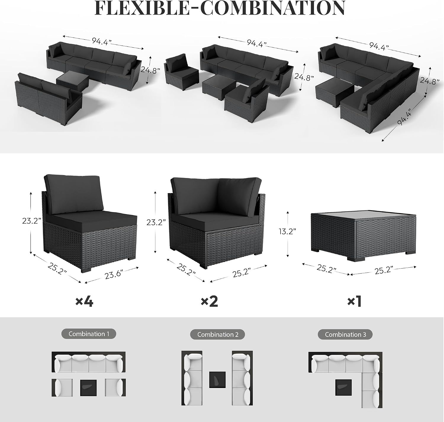 WWR Patio Furniture Set 7 Piece - All-Weather - Wicker Rattan Patio Outdoor Conversation Set, Modular Sectional Sofa for Backyard, Garden, Poolside, Balcony, Porch, Patio, Black/Black