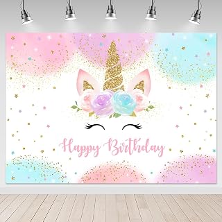 Mocsicka Unicorn Backdrop Birthday Decorations for Girls 5x3ft Pastel Rainbow Unicorn Happy Birthday Banner Party Decorations Photo Booth Props