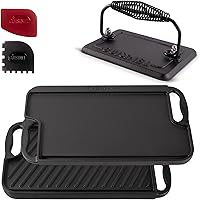 Vista 4 de Cuisinel Parrilla de hierro fundido + prensa de hamburguesa + raspadores de sartén, sartén plana reversible de 20 x 10 pulgadas de doble mango +