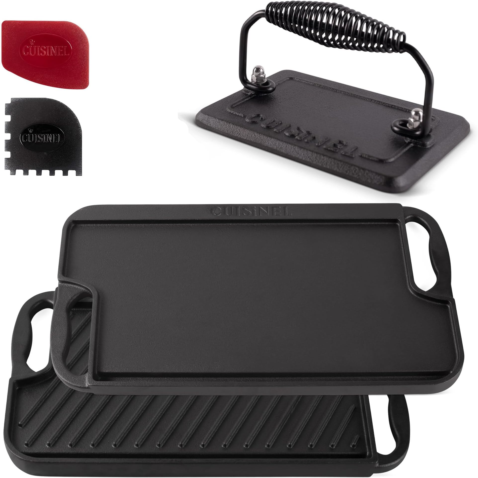 Cuisinel Cast Iron Griddle/Grill + Burger Press + Pan Scrapers - Reversible Pre-Seasoned 16.75" X 9.5"-inch Dual Handle Flat Skillet and Griller Pan + Cleaning Accessories - Indoor/Outdoor Stove Safe