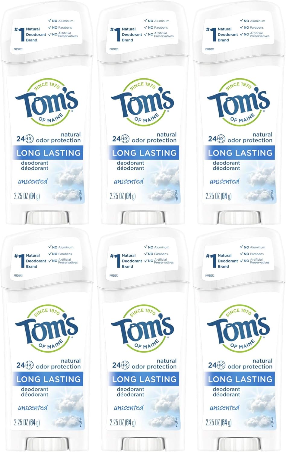 Toms Of Maine Natural Long-Lasting Deodorant Stick Unscented – 2.25 Oz (64 G) (6 sticks)