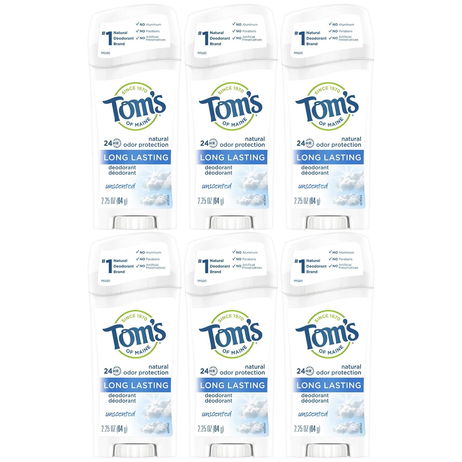 Tom's of Maine Natural Deodorant Stick, Unscented, 2.25 Ounce, Pack of 6