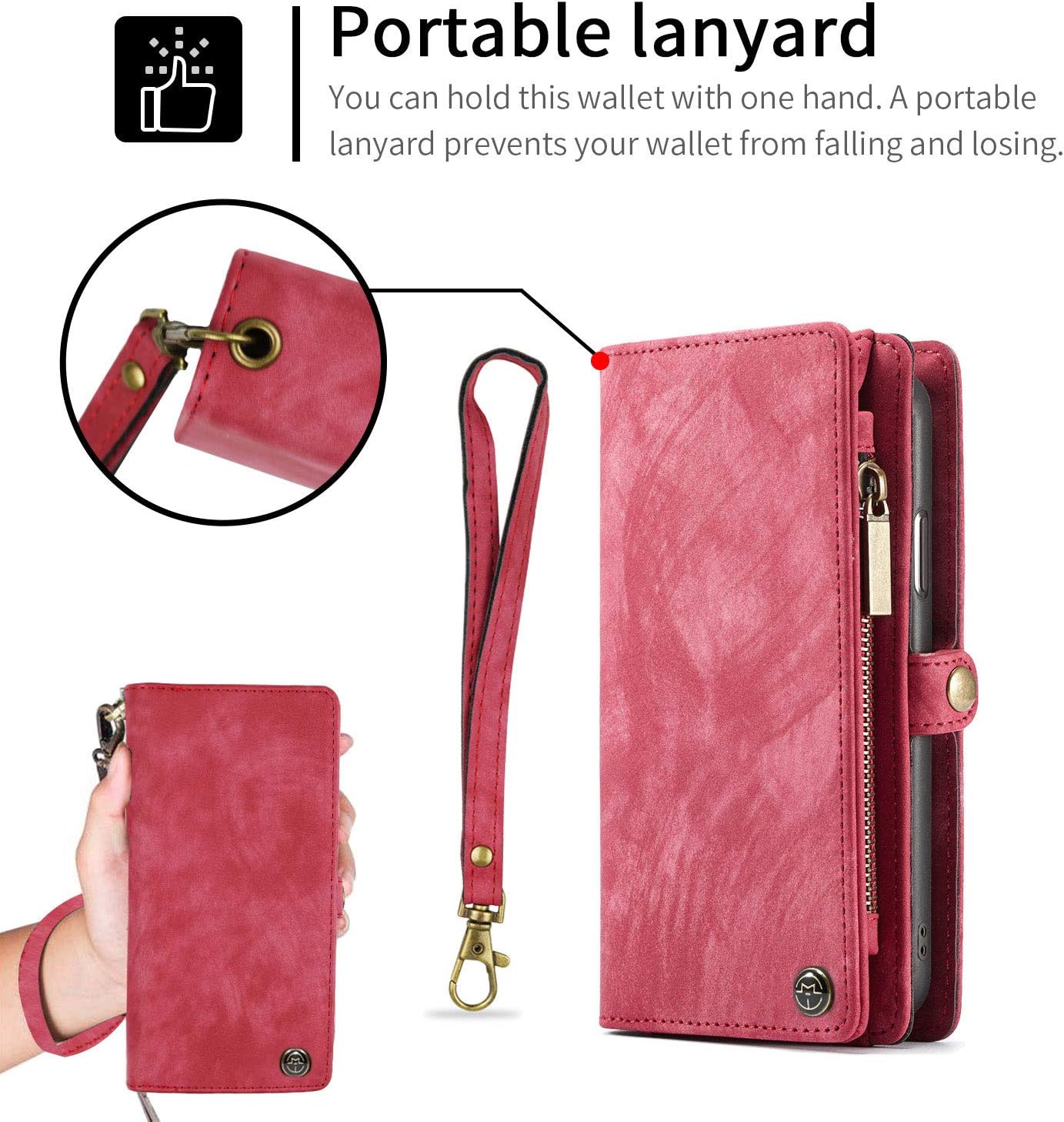 Simicoo Compatible with Samsung A10 Leather Wallet Zipper Purse Detachable Card Slots Holder Flip Case Magnetic Wrist Strap Handle Shockproof Cover Pocket Wallet Handbag (Red, A10)