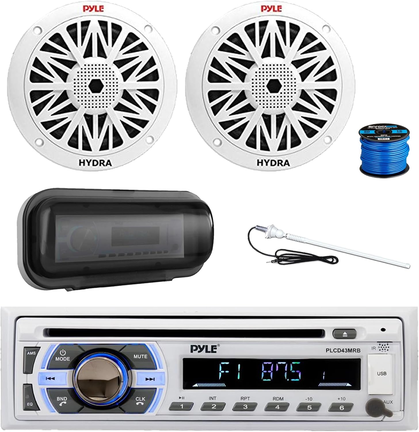 Pyle PLCD43MRB Marine Single DIN Bluetooth CD Stereo Receiver, Radio Cover, 2X 6.5 200 Watt Peak Full Range 2-Way Waterproof Audio Speakers w/Wire, Long Range Antenna