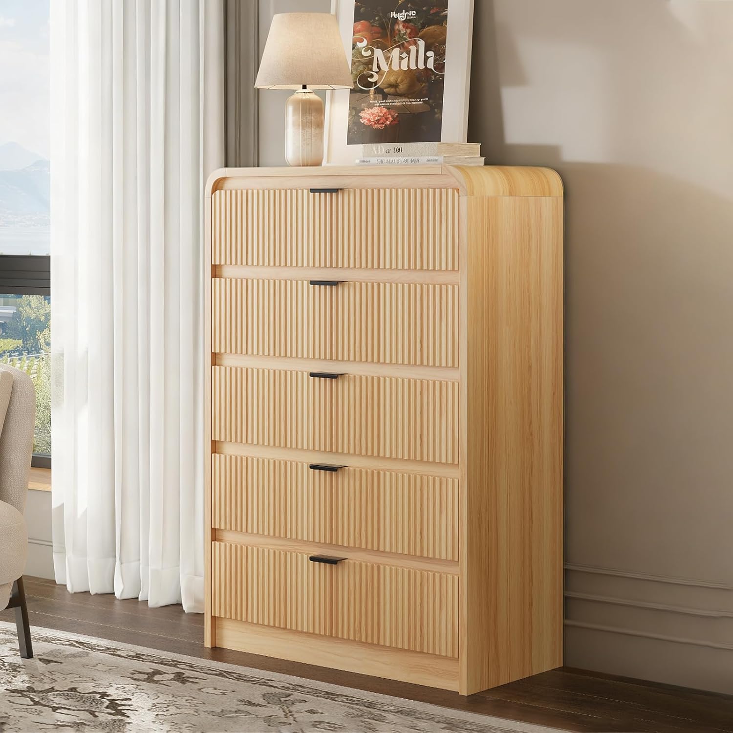 48" Tall Fluted 5-Drawer Dresser for Bedroom, Modern Curved Wood Chest of Drawers with Metal Handles, Vertical Storage Organizer Cabinet for Living Room, Hallway, Natural Oak