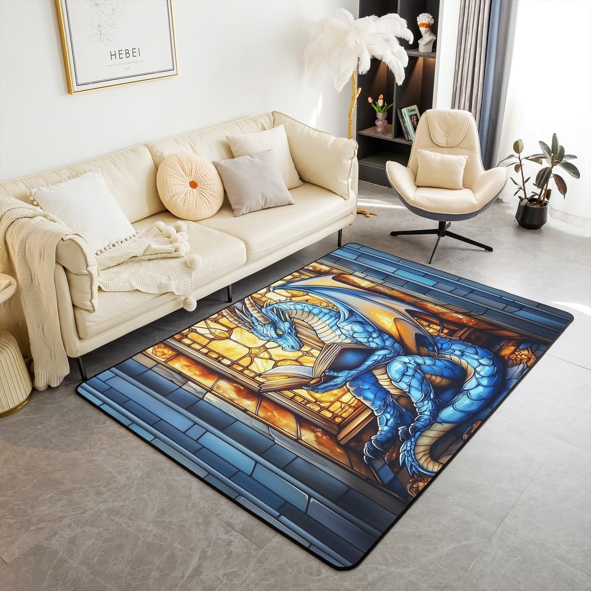 Western Dragon Kids Area Rug,Blue Dragon Reading Book Bookshelf Indoor Floor Mat Entrance Rug for Boys Girls,Geometric Patchwork Abstract Non Slip Rug,Trippy Chic Couch Living Room Decor,3'x5'