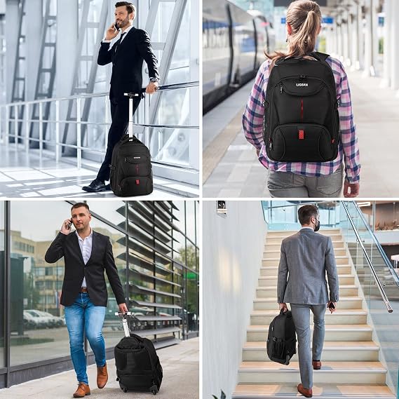 Travel Backpack with Wheels, 17inch Wheeled for Men Women Rolling Laptop Bags on Wheels Waterproof Rucksack Cabin Bag Trolley Suitcase Business College School Bag, Black