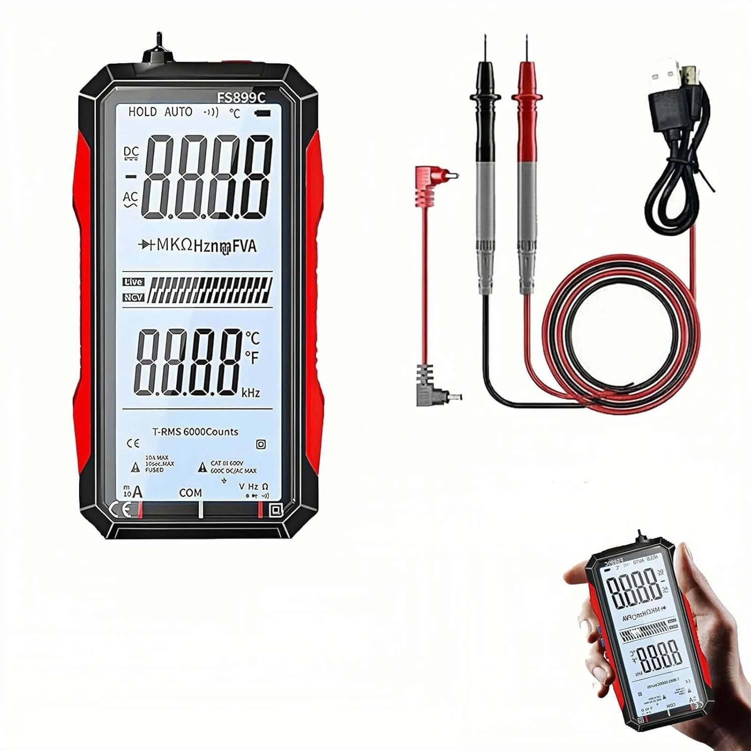 Upgraded Digital Multimeter USB Rechargeable True RMS Auto Ranging Backlight Portable Tester for Automotive Household Industrial Electrical Testing(FS899L+Bag)