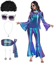 70s Disco Costume for Women - 1970s Disco Outfit with Wig, Earrings, glasses, Necklace, Headband, Sequin Top & Bell Bottoms