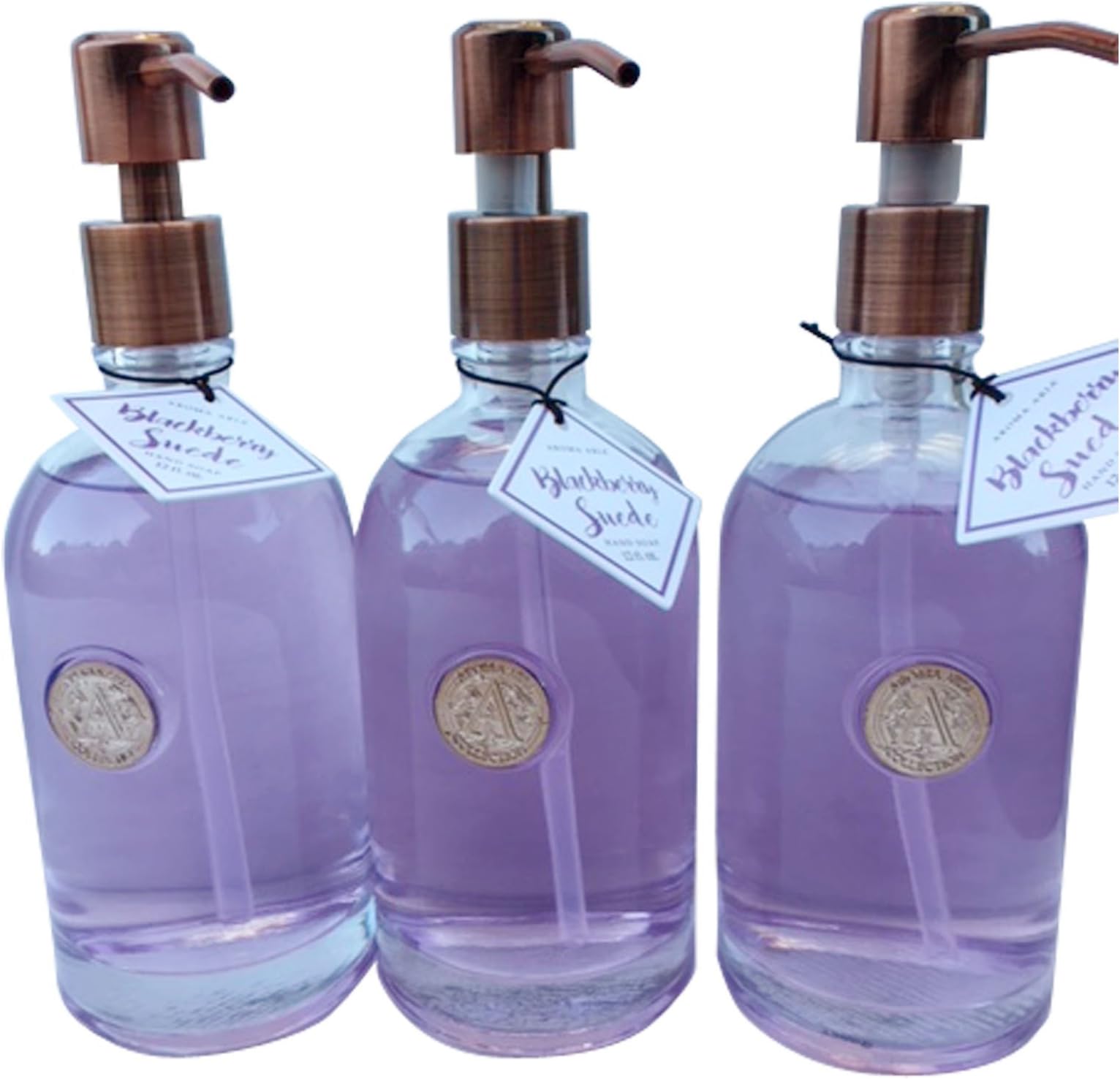 Hand Soap by Aroma Aria | Luxurious Decorative Refillable Glass Bottle with Titanium or Gold Pump | 12 fl.oz. (Blackberry Suede)