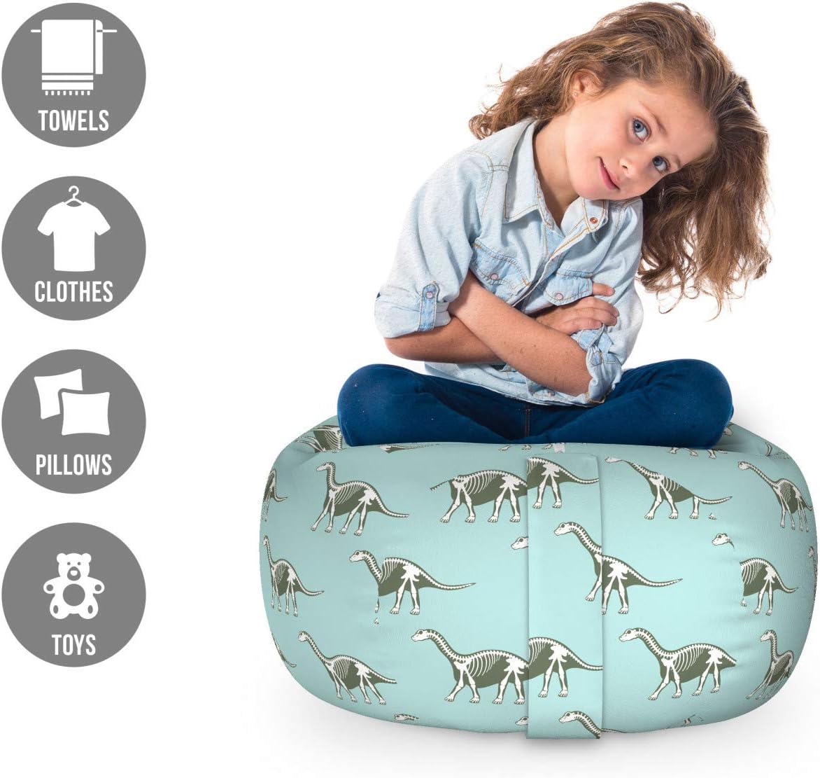 Ambesonne Dinosaur Storage Toy Bag Chair, Tyrannosaurus Prehistoric Animal Dino Bone Skeleton Silhouettes, Stuffed Animal Organizer Washable Bag, Small Size, Green Blue