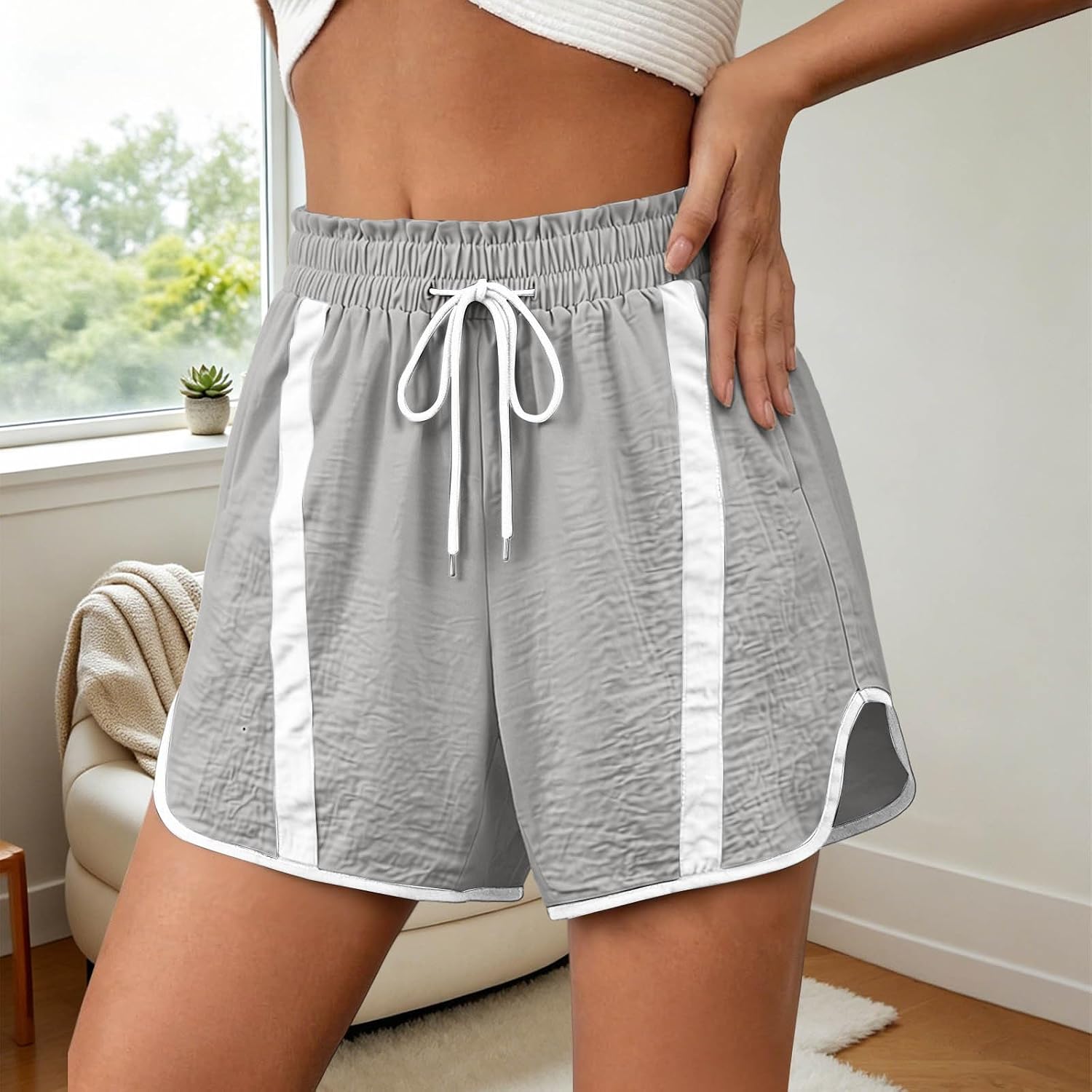 Women's Athletic Running Shorts Quick Dry Workout Summer Drawstring High Waist Loose Gym Casual Color Block Shorts