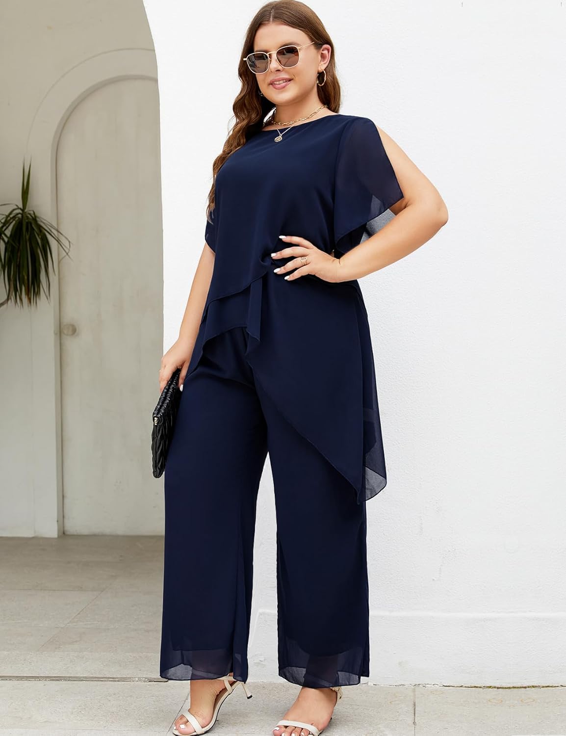 ZOMVA Plus Size Dressy Chiffon Pant Suit 2 Piece for Wedding Mother of The Bride Groom Formal Set Elegant Outfit