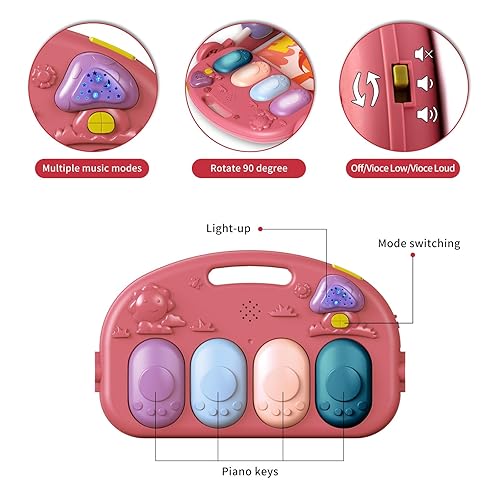 Miniatura 7 de Baby Gym Play Mat, Piano Mat Kick and Play Lights and Music Tummy Time Toys Infant Musical Activity Gym Mat for Visual, Hearing, Sensory, Motor Rosa