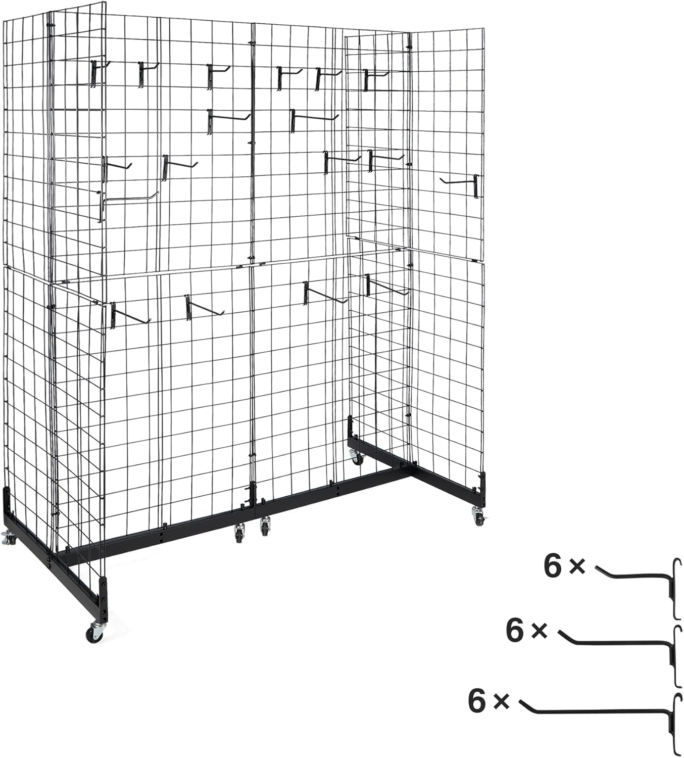 5x 2 Portable Grid Panel Tower, 4-Way Floor standing Wire Grid Tower with Base and Locking Casters, Grid Wall Display Rack with 18 Hooks for Home Retail Trade Show Arts Craft Fair, Black