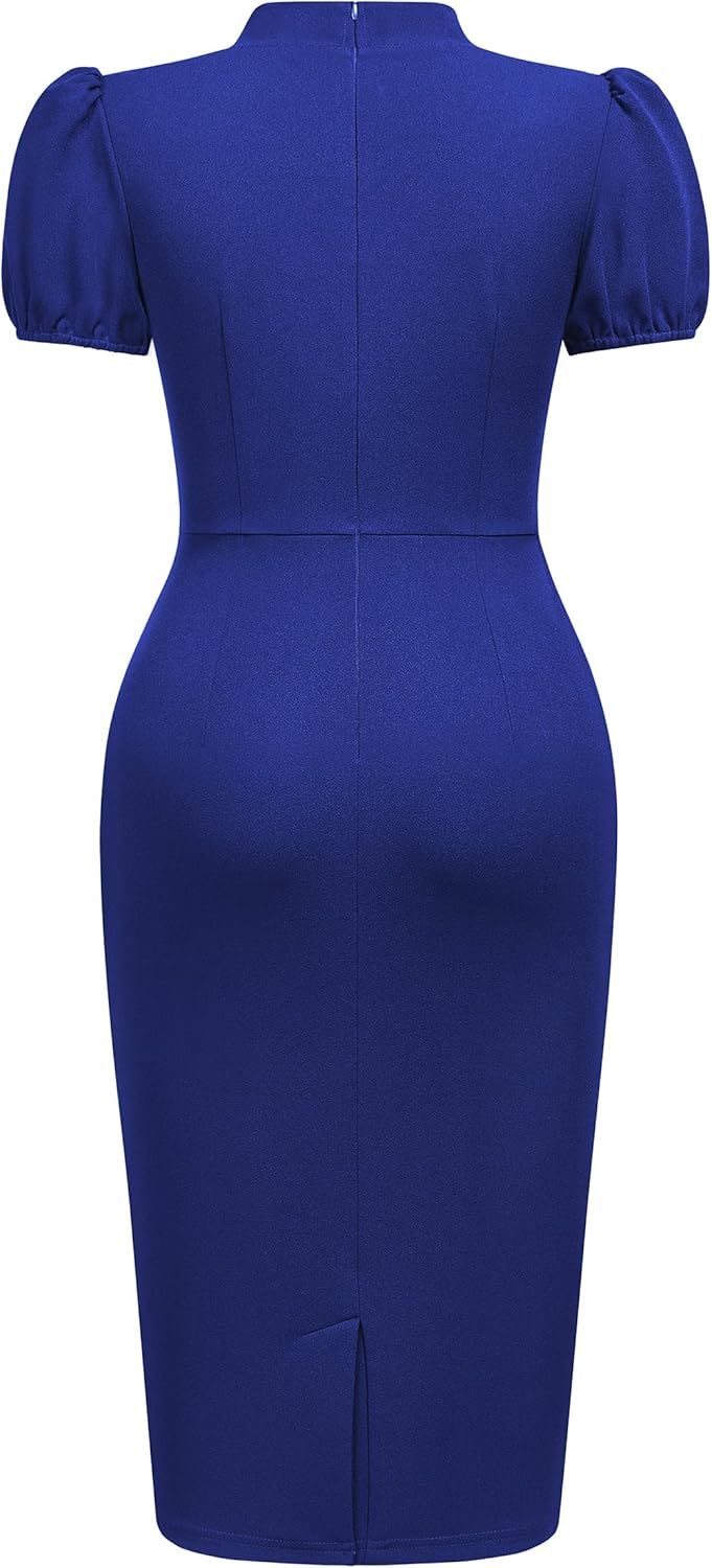 AISIZE Women's Elegant Tie Neck Puff Sleeves Ruched Cocktail Party Dress - Image 5