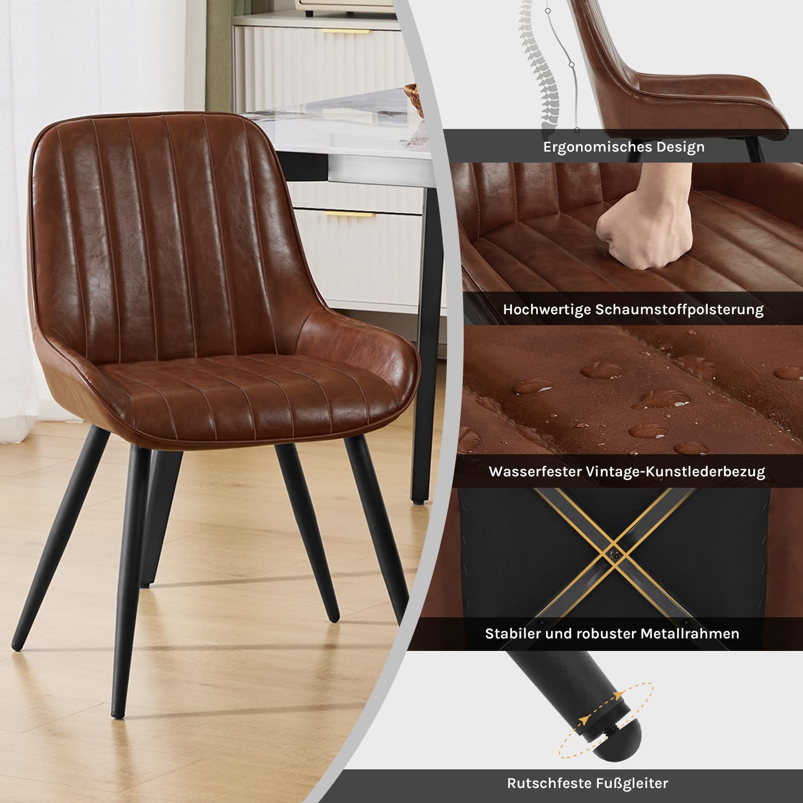Lestarain Esszimmerstühle 2er Set, für Esszimmer Wohnzimmer Küche, Retro Küchenstühle gepolstert, Sitzfläche aus Kunstleder, mit Metallbeine, bis 150 kg belastbar, Braun