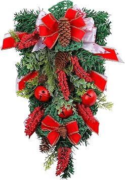 20 inch Christmas Swag for Front Door Christmas Teardrop Swags Christmas Stairway Swag Artificial Pine Swag with Bowknot for Holiday Home Decor Indoor Outdoor