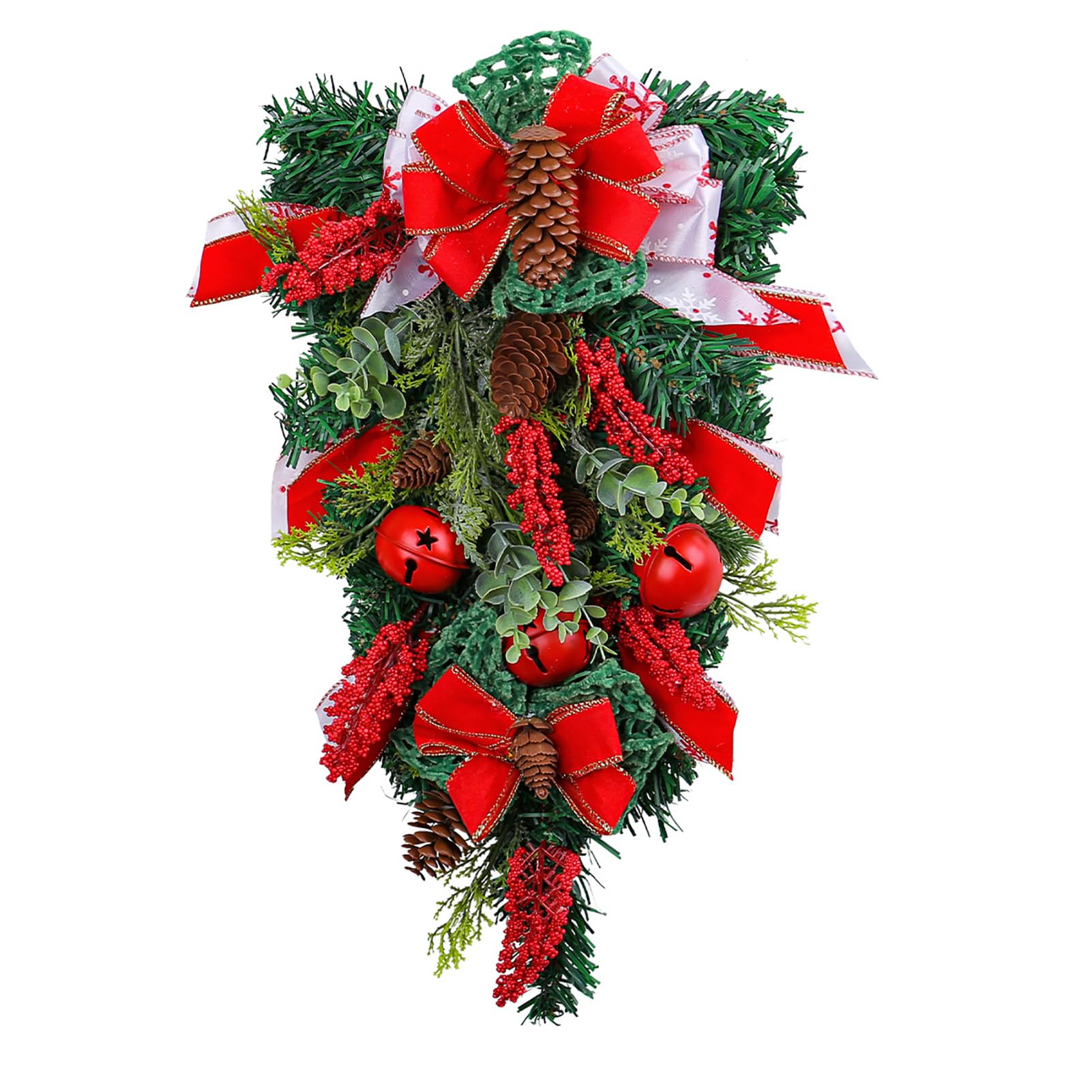 Christmas Swag Christmas Greenery Teardrop Swag with Pine Cone, Bell, Bow and Eucalyptus Christmas Winter Hanging Wreath for Front Door