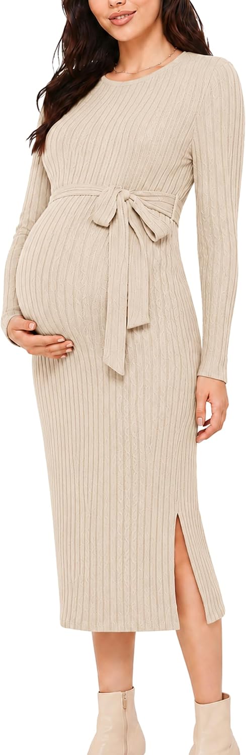 guruixu Crewneck Maternity Sweater Dress Rib Knit Long Sleeve Slit Pregnancy Dress Clothes with Belt