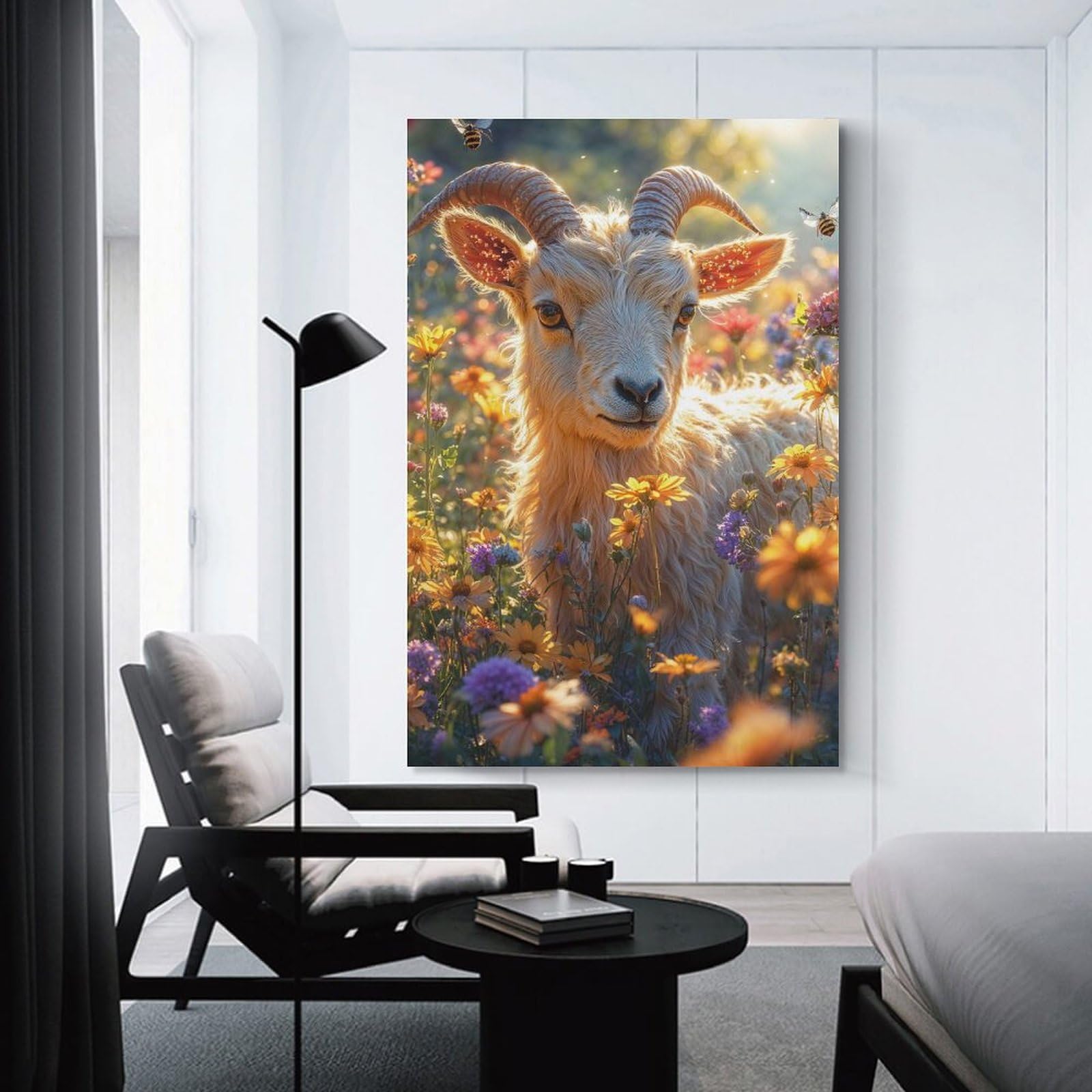 Junmoney Unframe-Style-5 Wall Picture Print Goat In A Flower Field, 20X30inch(50X75cm), For Contemporary Homes, Apartments Or Offices, Decorative Canvas Decor For Home Updates