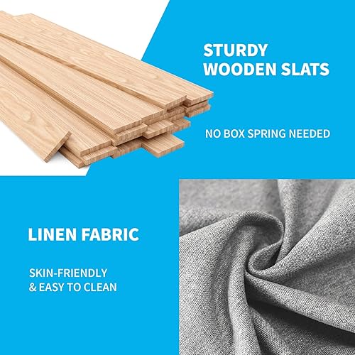 Miniatura 6 de Mjkone Base de cama tamaño Queen, plataforma tapizada de lino y algodón con cabecero con respaldo de ala, plataforma moderna con soporte de listones