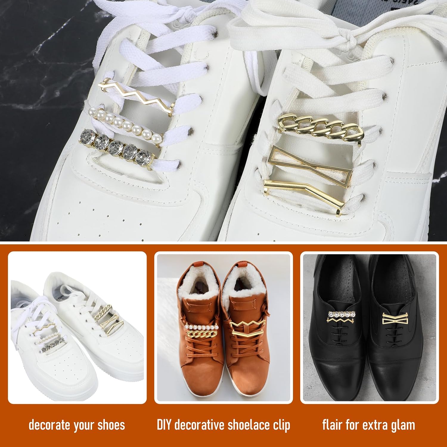 JJUNW 12 PCS Shoelace Charms, DIY Decorative Shoe Clips, Gold Sneakers Shoelaces Decorations Faux Pearl Rhinestones Shoes Accessory Girl Women Casual Shoes