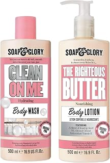 Soap & Glory Original Pink The Righteous Butter Moisturizing Body Lotion Pump (500ml) and Clean On Me Moisturizing Body Wash (500ml) - Unisex Rose & Bergamot Scented Cleanser & Lotion for Dry Skin