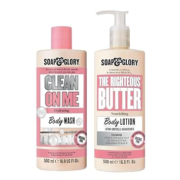 Soap & Glory Original Pink The Righteous Butter Moisturizing Body Lotion Pump 500ml and Clean On Me Moisturizing Body Wash 500ml - Unisex Rose & Bergamot Scented Cleanser & Lotion for Dry Skin