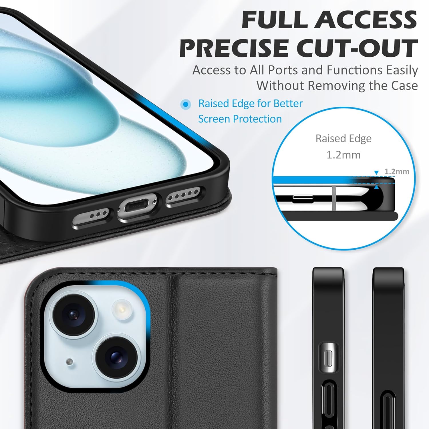 SHIELDON Case for iPhone 15 6.1" 2023, Genuine Leather Flip Wallet Case with [Kickstand] [RFID Blocking Card Holder] [Magnetic] Shock-Absorbent Protection Cover Compatible with iPhone 15 5G - Black