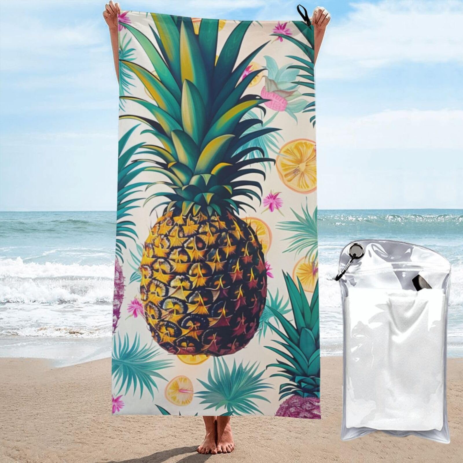 kkvhhyuo Microfiber Beach Towel, Tropical Pineapple Printed Lightweight Quick Dry Travel Bath Sheet with Compact Carry Bag for Swimming Yoga Camping Gym,31.5"x63"