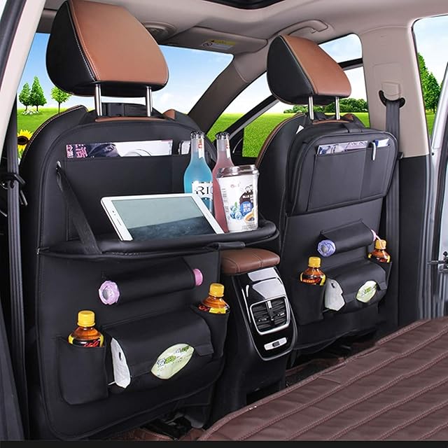 Car Backseat Organizer, PU Leather Car Back Seat Organiser, Car Storage Protector with Foldable Table Tray, Multifunction Storage Pocket With 7 Pockets and Tablet Holder for Kids Travelling (2 Pack)