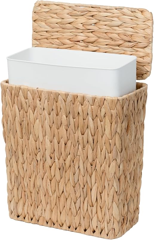 Bote de basura de mimbre de 3 galones,Pequeño bote de basura de baño con tapa,Cesto de basura de mimbre de jacinto de agua natural para dormitorio,Inodoro,Bote de basura estrecho con revestimiento extraíble