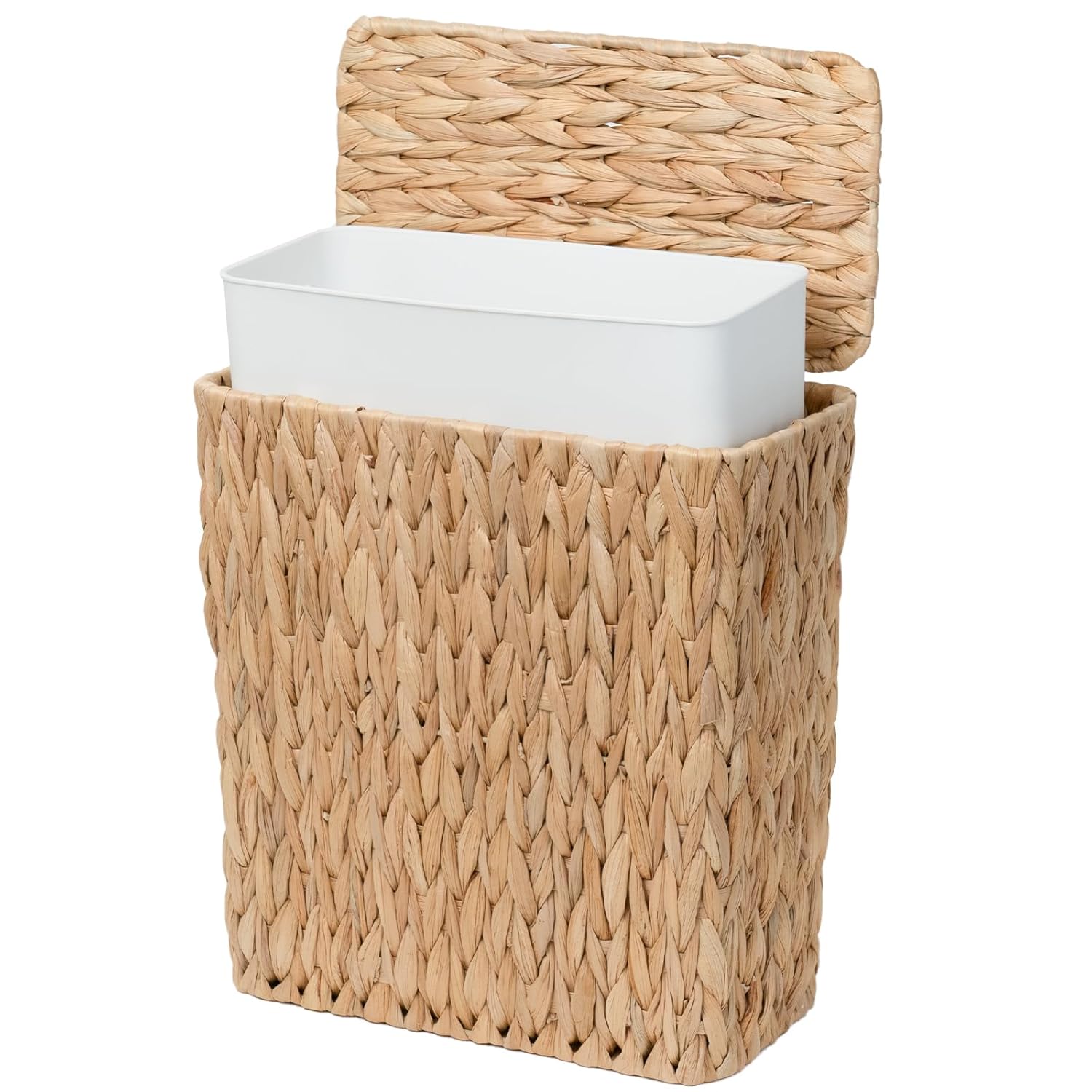 3 Gallon Wicker Trash Can,Small Bathroom Trash Can with Lid,Natural Water Hyacinth Wicker Waste Basket for Bedroom,Toilet,Narrow Garbage Can with Removable Liner