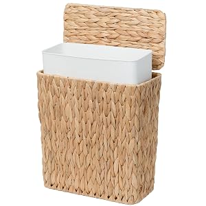 3 Gallon Wicker Trash Can Small Bathroom Trash Can with Lid Natural Water Hyacinth Wicker Waste Basket for
