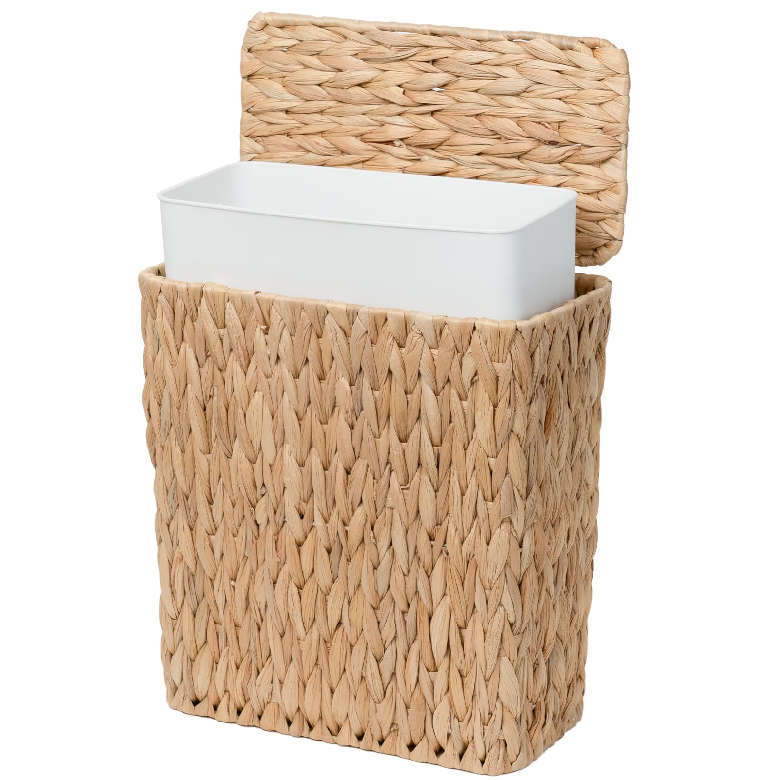 Coeusy 3 Gallon Wicker Trash Can,Small Bathroom Trash Can with Lid,Natural Water Hyacinth Wicker Waste Basket for Bedroom,Toilet,Narrow Garbage Can with Removable Liner