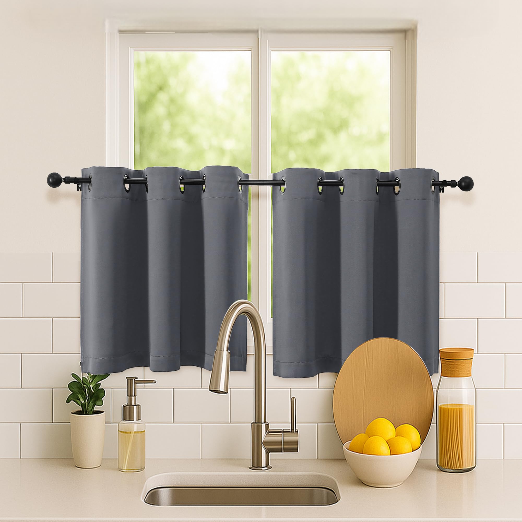 Simplebrand Grey Short Kitchen Curtains 24 Inch Length 2 Panels Set, Small Windows Room Darkening Curtain for Bathroom, Cabinet, Basement, RV Camper, Thermal Insulated Short Drapes, 40 x 24 Inch