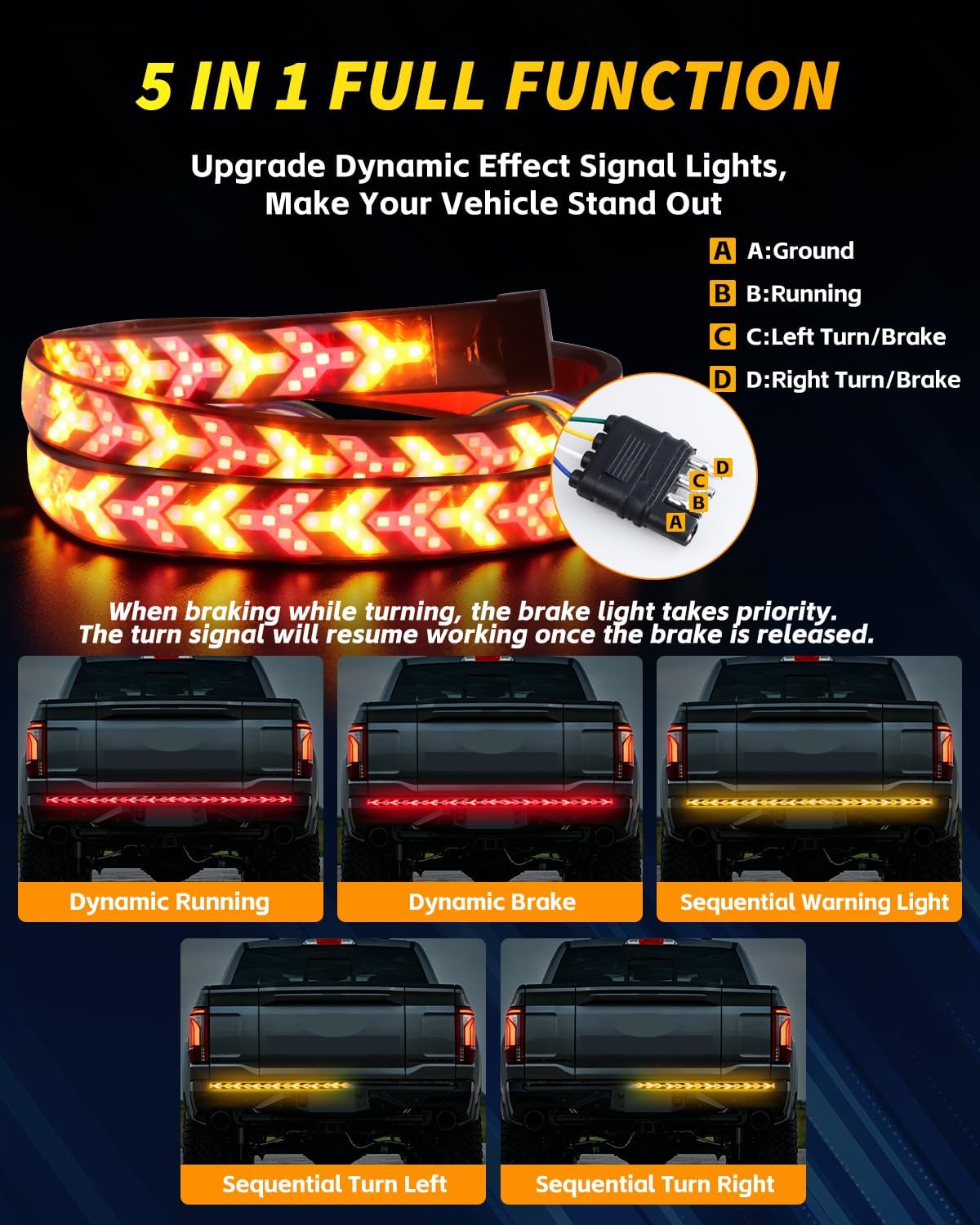60 Inch Truck Tailgate Light Strip, Upgraded Arrow Design Dynamic Taillight bar Red & Amber Sequential Lighting with Taillight Brake Turn Signal, IP67 Flexible Tailgate Light, 60 in