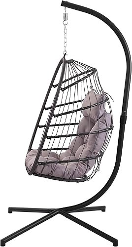 Miniatura 2 de Silla colgante de mimbre para patio al aire libre, silla de columpio, silla de huevo para patio, resistente a los rayos UV, marco de aluminio