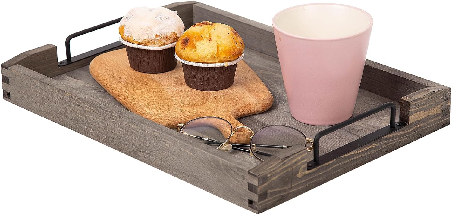 VERGOODR Country Rustic Torched Wood Nesting Breakfast Serving Trays with Handles, Set of 3 (White Grayish)
