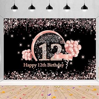 Happy 12th Birthday Decorations Backdrop Banner for Girls Happy 12 Years Old Party Fabric Sign Poster Girl Birthday Black and Rose Photo Background 12th Birthday Party Supplies, 59