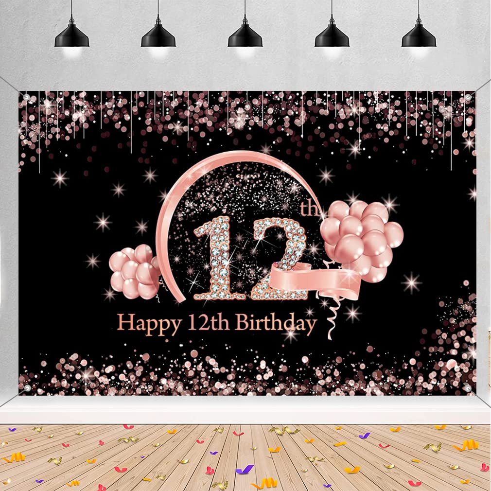 Happy 12th Birthday Banner – 150x90 Cm, Vinyl-Stoff | Deko Für Mädchen-Party In Schwarz & Rosa