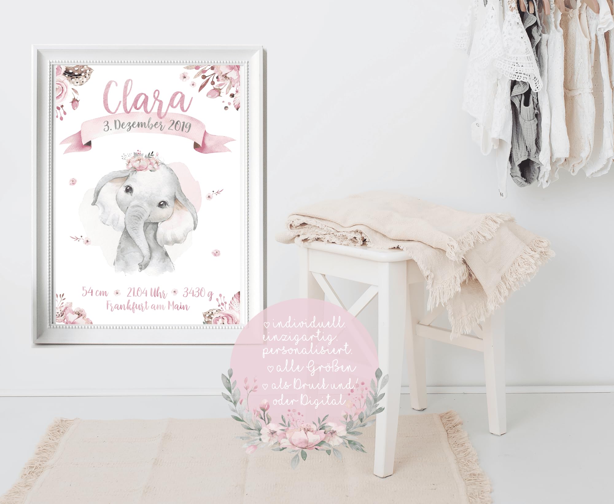 double critical Personalisiertes Geburtsposter Baby-Elefant – Mädchen Aquarell Poster mit Name und Geburtsdaten – Rosa Blumen Deko Kinderzimmer – Geschenk zur Geburt oder Taufe DIN A4 A3