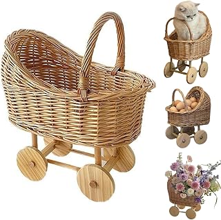 Woven Rattan Stroller Shaped Flower Basket, Picnic Flower Holder Versatile Trolley Decorative Candy Basket for Weddings, Party and Floral Arrangements (M)