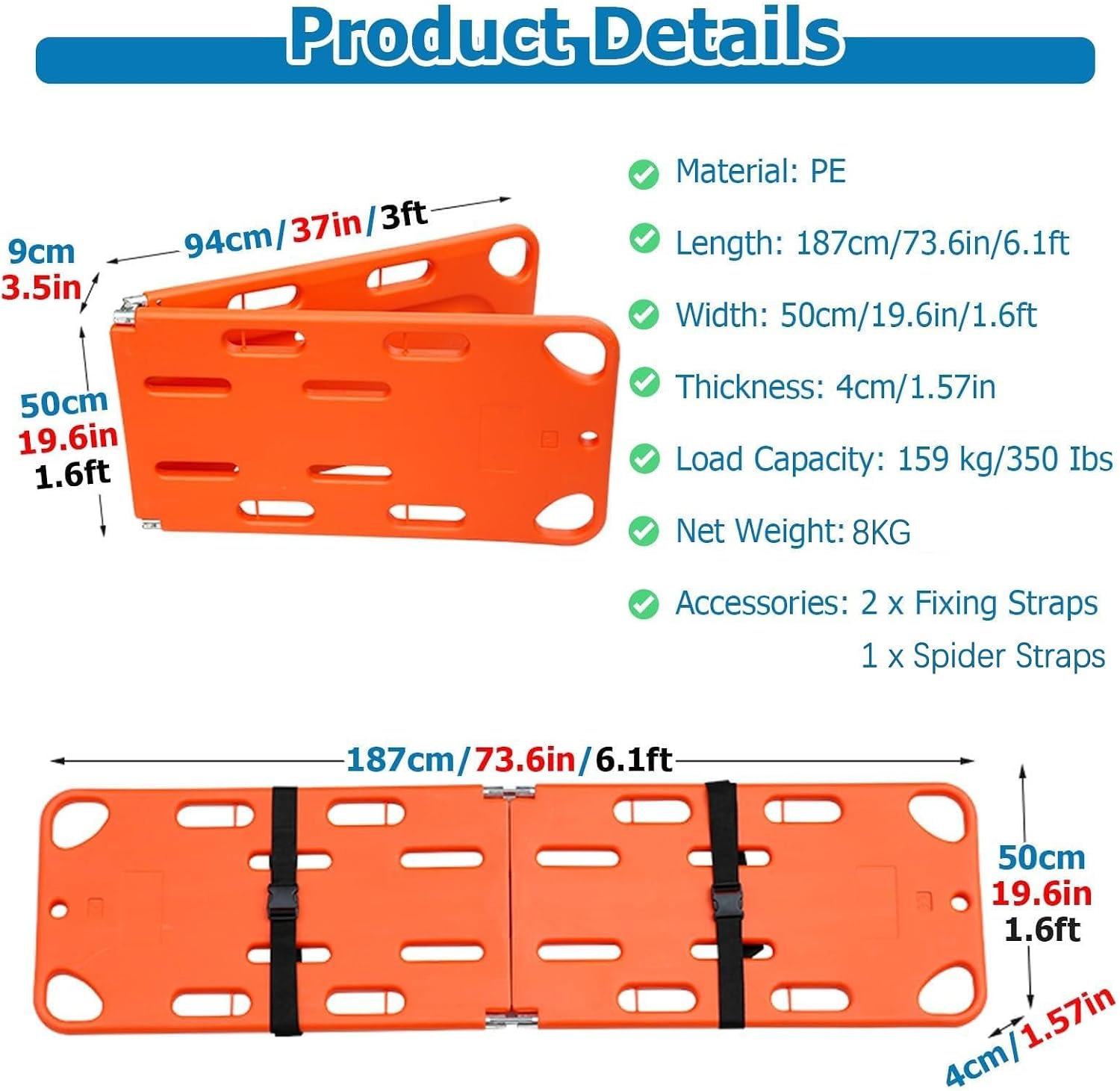 Lightweight Water-Floatable Folding Plastic l Board Stretcher with 2 Adjustable & Spider Str for Outdoor Emerncy and Evacuat, 2 Folds