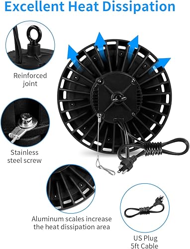 Miniatura 8 de UFO - Luz LED de alta bahía de 150 W, 1-10 V regulables, luces LED de alta bahía de 21000 lúmenes, 5000 K, con enchufe de EE. UU., cable de 5 pies,