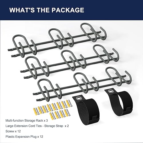 Miniatura 6 de Bastidores de almacenamiento de herramientas de montaje en pared, 3 piezas de acero resistente, organizador de herramientas de garaje, sistema de